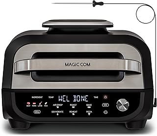 MAGiC COM Indoor Grill Air Fryer Combo, 7-in-1 Electric Grill with Steak, Roast, Air Crisp, Bake, Dehydrate, Pizza and Reheat. Smart Thermometer, Non-Stick, Dishwasher Safe/Black