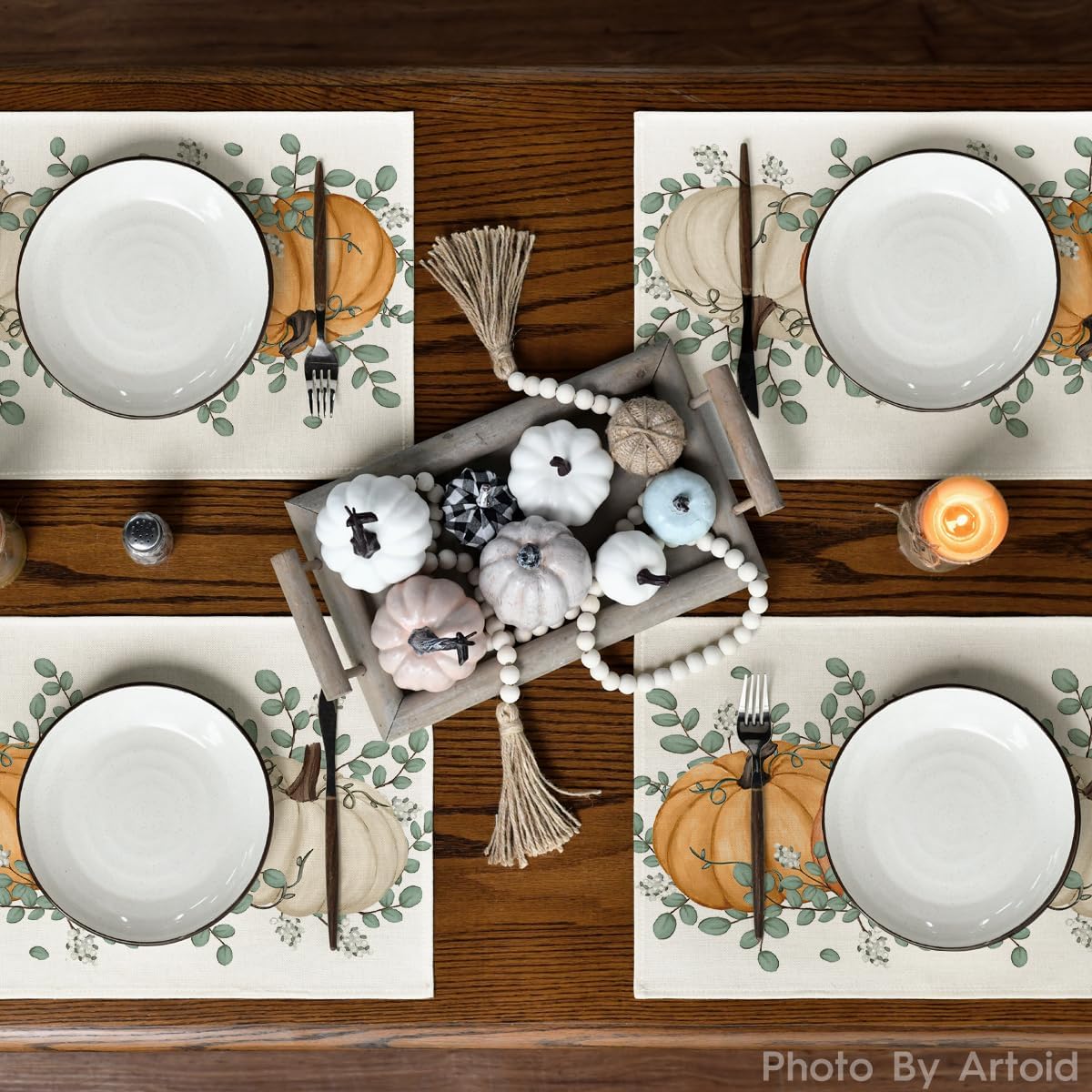 Artoid Mode Orange Pumpkin Eucalyptus Fall Placemats Set of 6, 12x18 Inch Seasonal Table Mats for Table Runner Party Kitchen Dining Decoration | Heat-Resistant Table Mats, Washable Seasonal Autumn Kitchen Dining Decor
