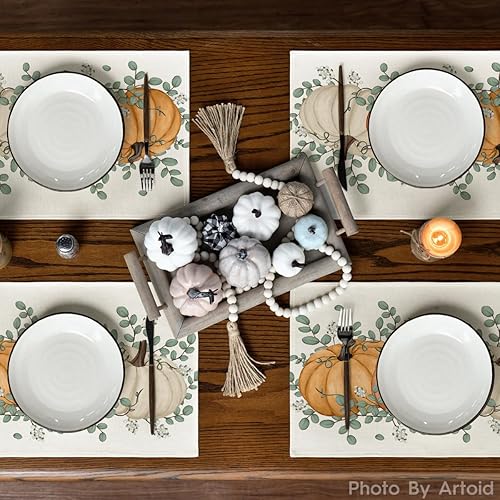 Miniatura 3 de Artoid Mode Juego de 4 manteles individuales de otoño con hojas de eucalipto y calabazas naranjas, 12 x 18 pulgadas, para decoración de fiestas,