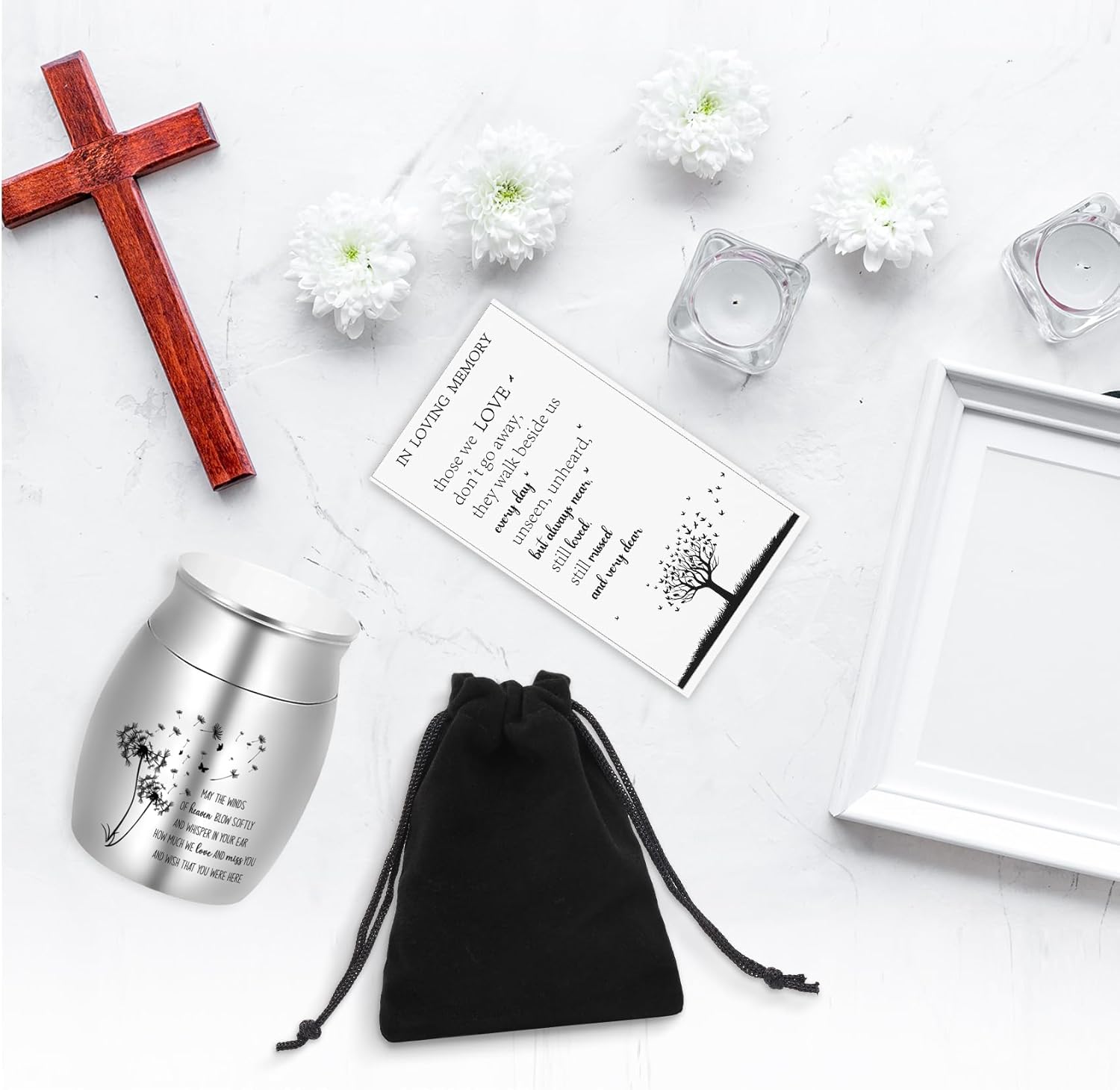 6 Set Small Urns for Ashes Cremation Urns 1.57 Inch Silver Ashes Keepsake Funeral Urn with Memorial Cards and Velvet Bag for Human Pet Ash (Dandelion)