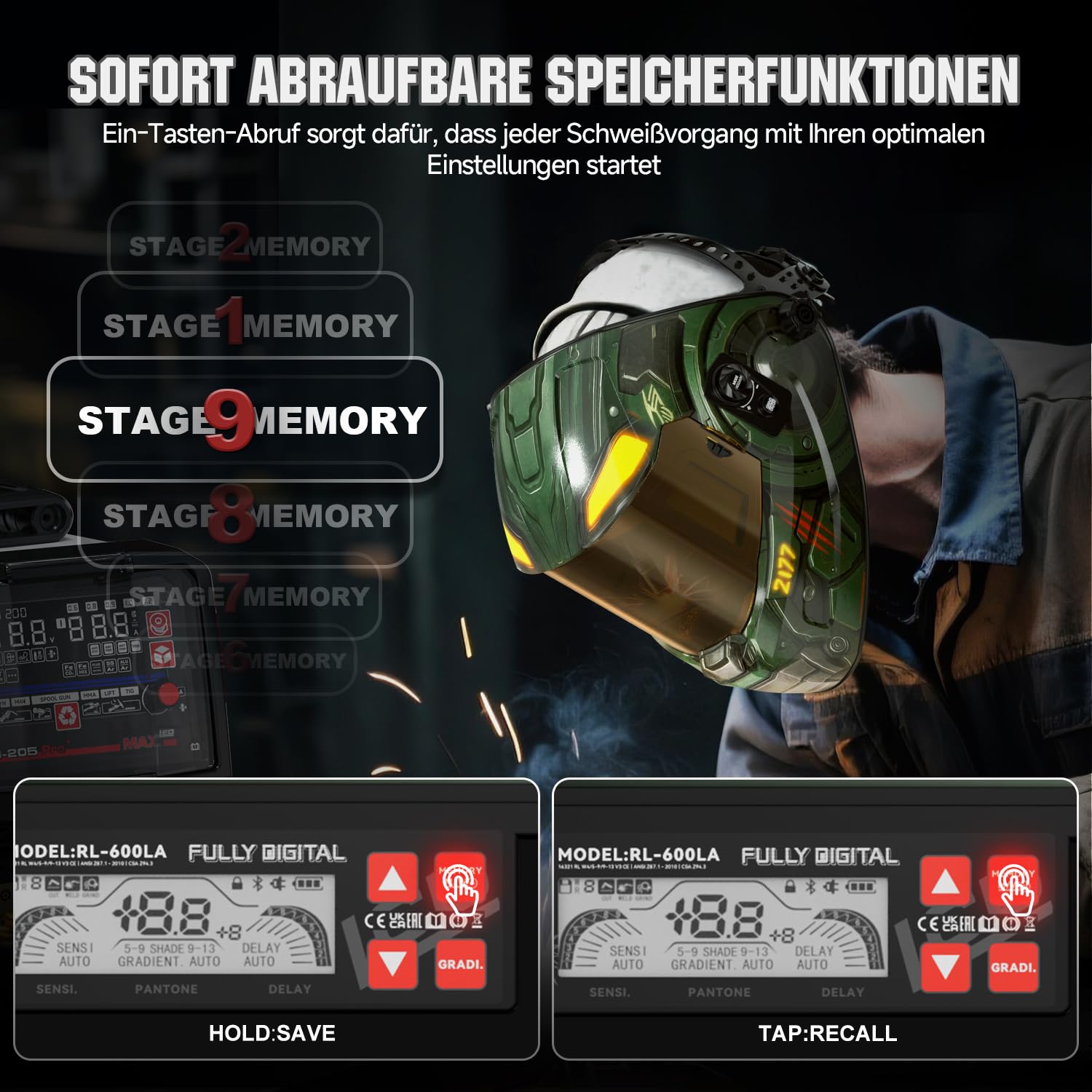 ANDELI Schweißhelm Digital-Linsengruppe, 3-Zonen Automatikdunkelung, 180° Panoramablick 18,2x8,1cm, True Color 1/1/1/1, 5 Sensoren, LCD, USB-C, Speicher with Feuerfeste Schweißerhaube