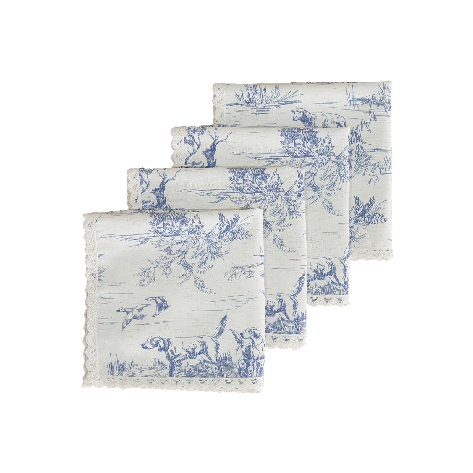 Glory Season Blue Classic French Village Printed Linen Fabric Cloth Reusable Napkin With Elegant Lace Washable Cloth Dinner Napkins 4 Pack 18X18 Inch Soft,Natural For Dinners,Parties,Wedding,Everyday Use