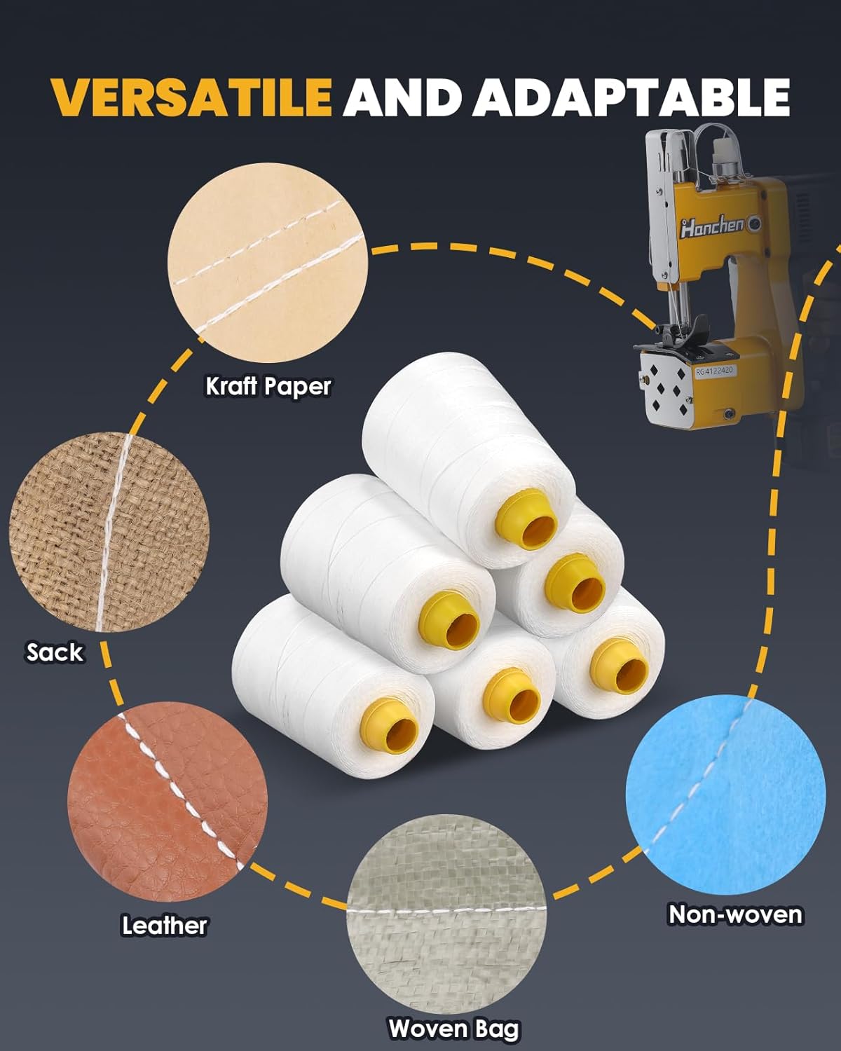 Hanchen Heavy-Duty Sewing Thread Spool, 6-Stranded Chemical Fiber Sealing Industrial Packing Synthetic Fiber Stitching Thread Spool for Bag Sewing Closing Machine, Pack of 6 Roll - Image 4