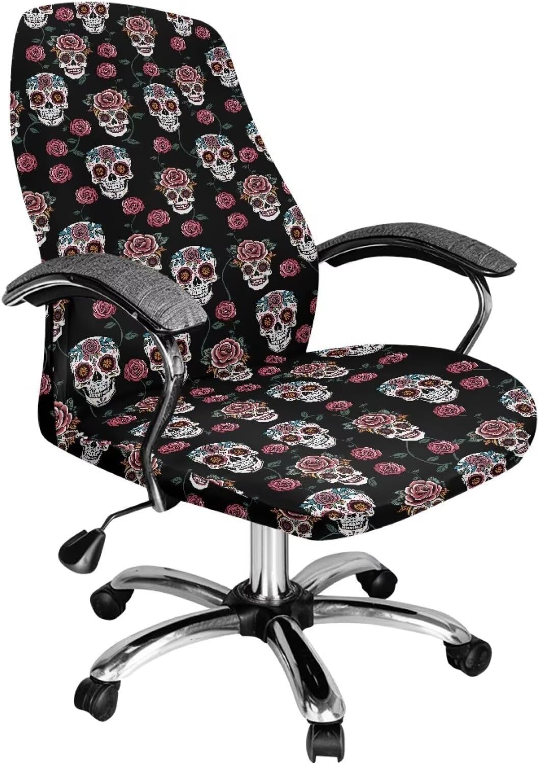 Skull Rose Pink White Black Removable Computer Office Chair Cover Comfortable Scratch Resistant High Back Chair Slipcover Universal All-in-One Boss Chair Covers, L