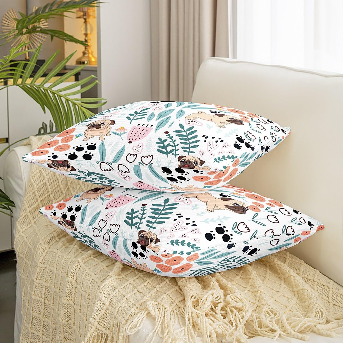 Homewish Zestaw 4 poszewek na poduszki z motywem psa kawaii, kreskówkowy mops, 45 x 45 cm, urocza miłość, serce, liść, kwiat, poszewki na poduszki dla dzieci, dziewcząt, chłopców, nadruk łap,