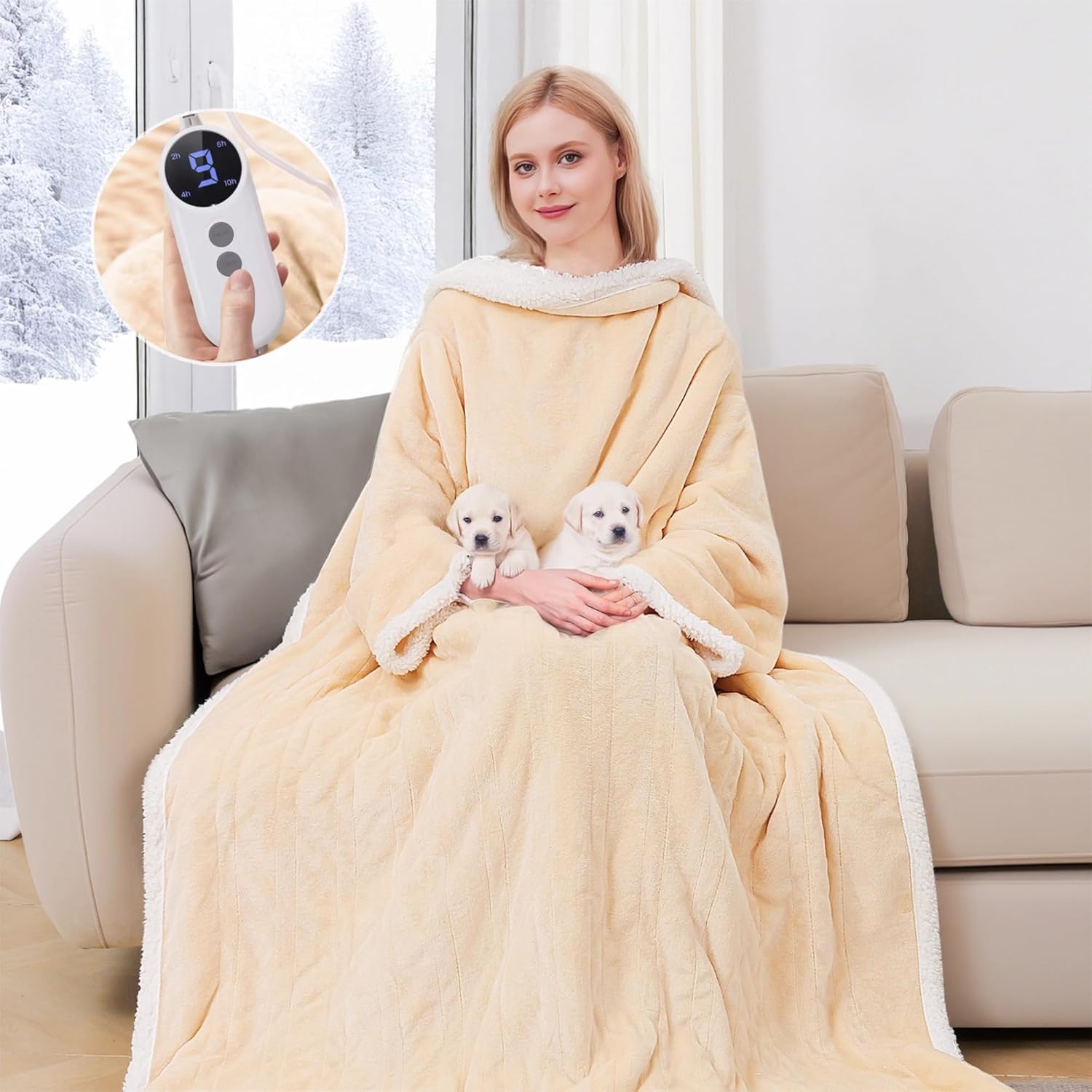 Wearable Heated Blanket with Sleeves, Electric Heated Robe with Foot Pockets, 9 Heating Levels & 2-10 Hours Timer, 50"x70" (Light Yellow)