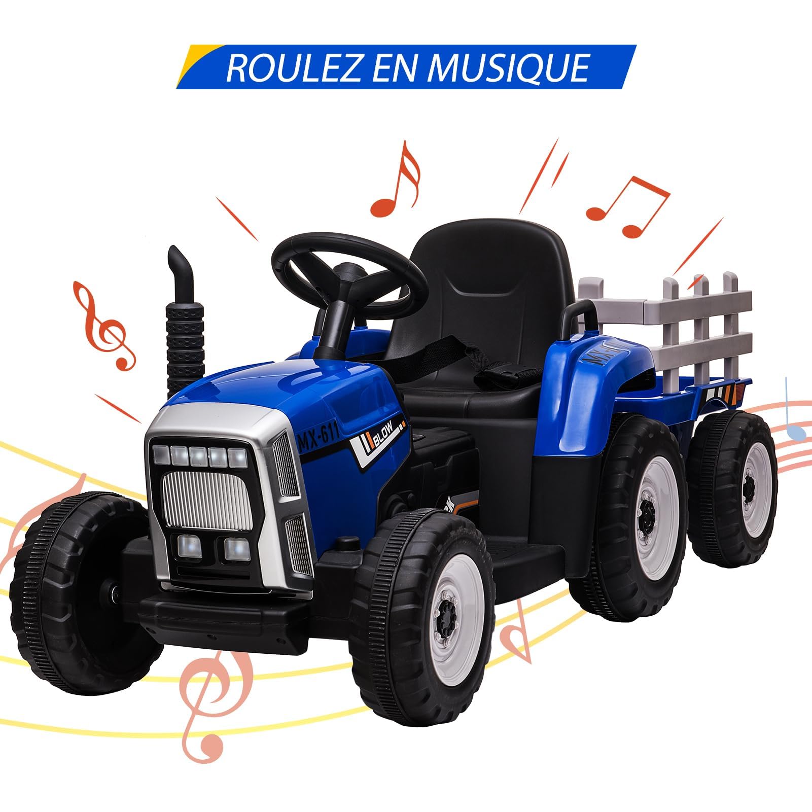 Tracteur Électrique Enfant avec Remorque Amovible, Voiture Électrique 35W Moteur Double, Télécommande Parentale, LED, Musique, 3 Vitesses, Bleu