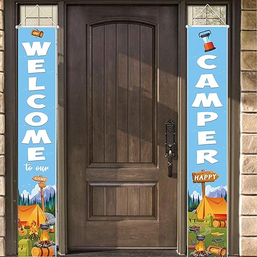 Cartel de bienvenida con texto en inglés Happy Welcome Camper Porch de 70.8 x 11.8 pulgadas, tela de poliéster, letrero de bienvenida para