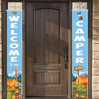 Happy Welcome Camper Porch Banner, 70.8"X11.8", Polyester Fabric, Blue, Camping Welcome Sign, 2pcs Set