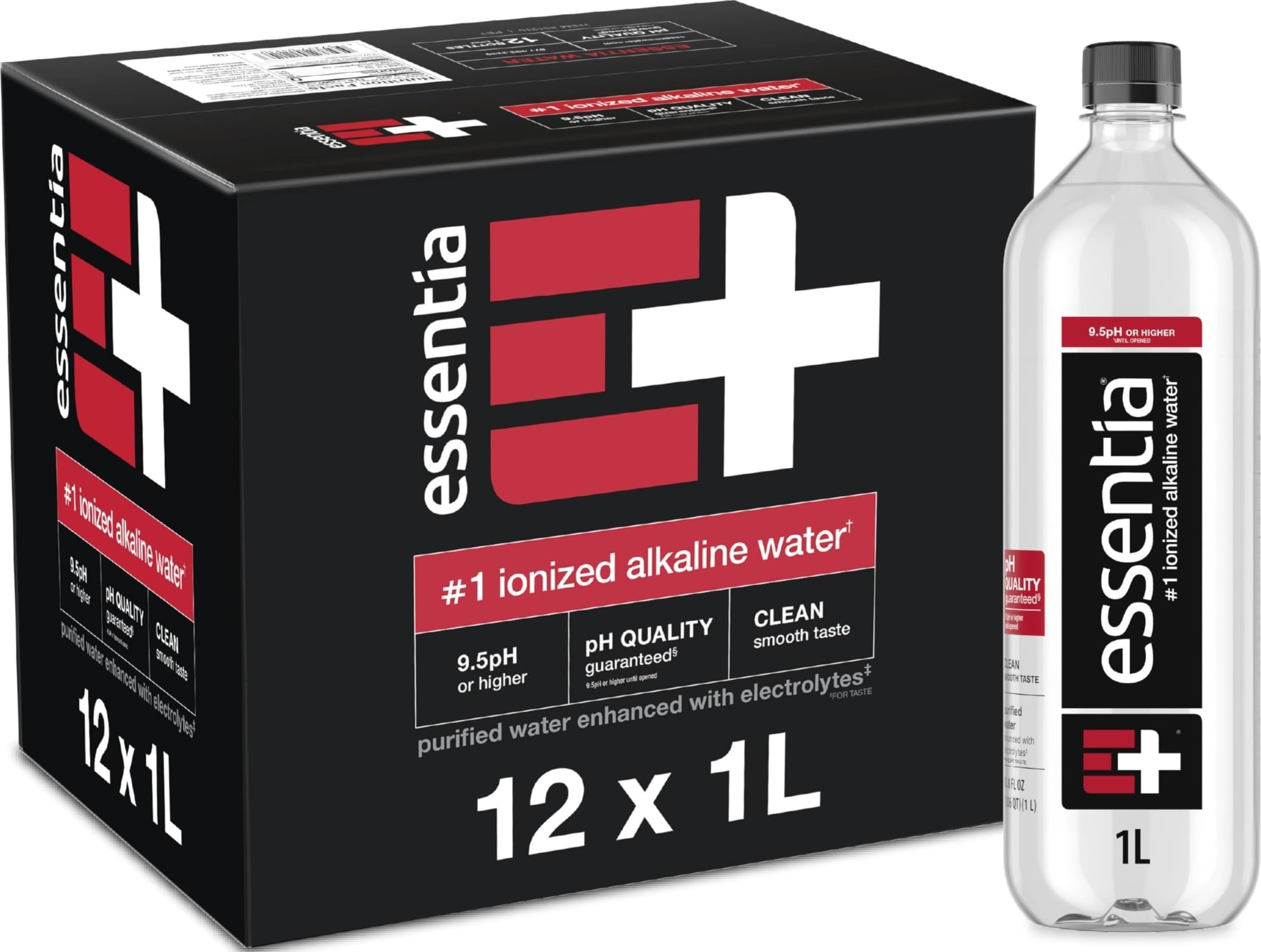 Essentia Ionized Alkaline Water, 9.5+ pH, 99.9% Pure, 12 x 1L | 99.9% pure ionized alkaline water with a 9.5+ pH until opened, and trace electrolytes for a clean smooth taste. 12 x 1L