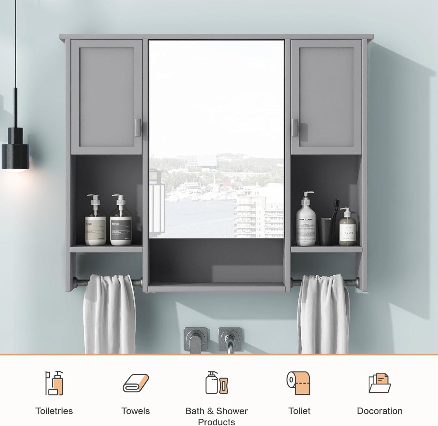Linique Medicine Cabinet with Mirror, Shelves, 2 Towel Bars, Modern Wall-Mounted Bathroom Storage Cabinet with 3 Doors, Grey