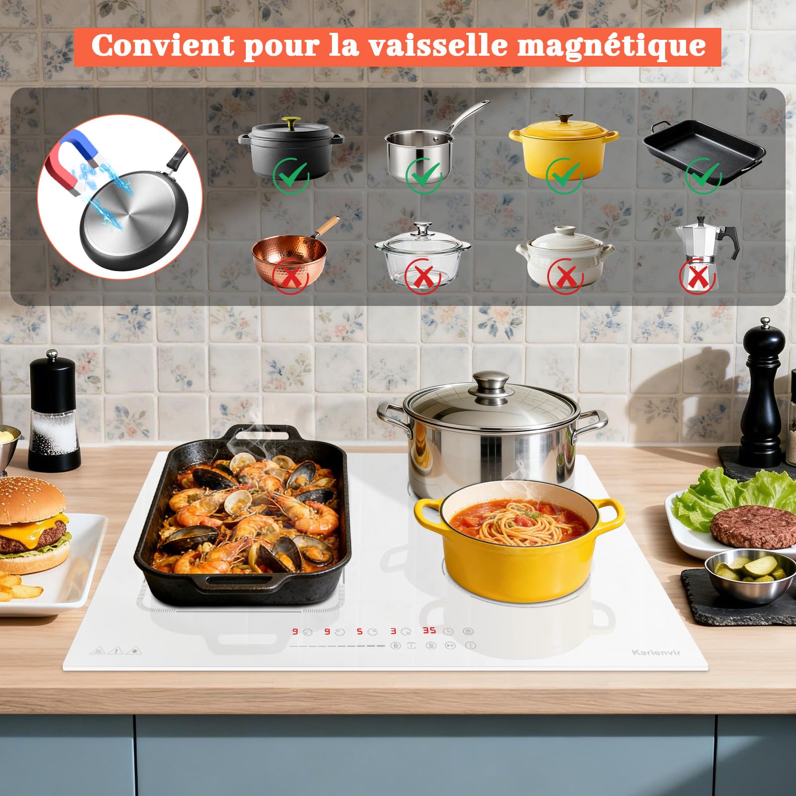 Plaque Induction 4 Feux Avec Prise, Plaque à Induction 60 cm Avec Boost, Zone Flexible, Verrouillage de Sécurité, Pause, Minuteur, Induction Blanche, 220-240 V, 3500 W