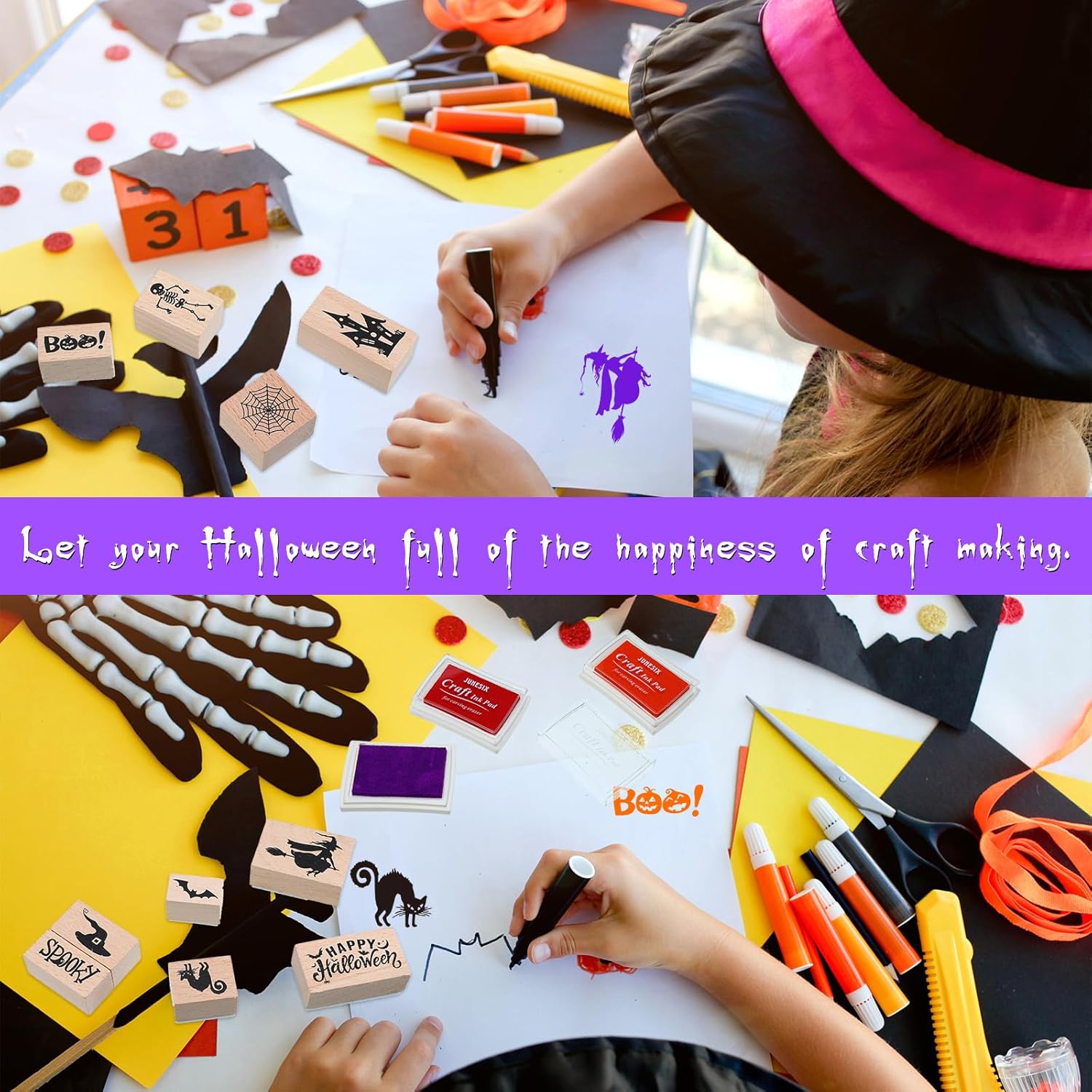 Woanger 15 Pcs Halloween Wooden Rubber Stamps and Craft Ink Pads Craft Card Pads Wooden Rubber Stamp for Scrapbooking DIY Stamps Paper Wood Fabric Halloween Holiday