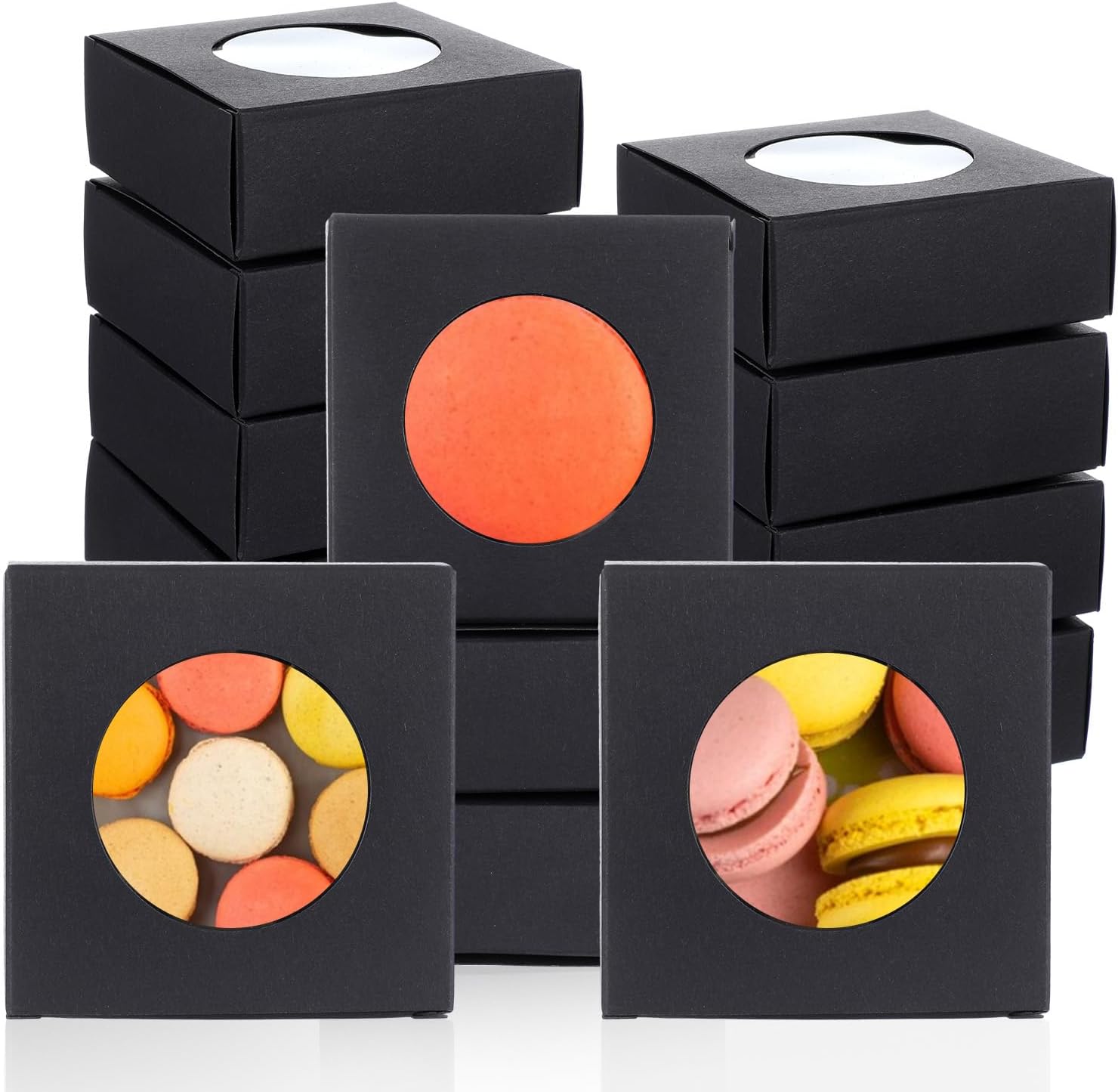 xozeooeu 150 Pcs Black Soap Boxes with Round Window - 3x3x1.2 Inch Gift Boxes for Candy, Cookies, Jewelry & Party Favors