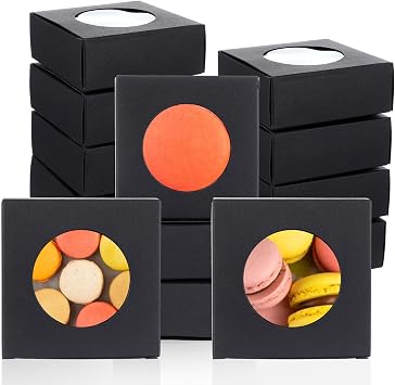xozeooeu 150 Pcs Black Soap Boxes with Round Window - 3x3x1.2 Inch Gift Boxes for Candy, Cookies, Jewelry & Party Favors