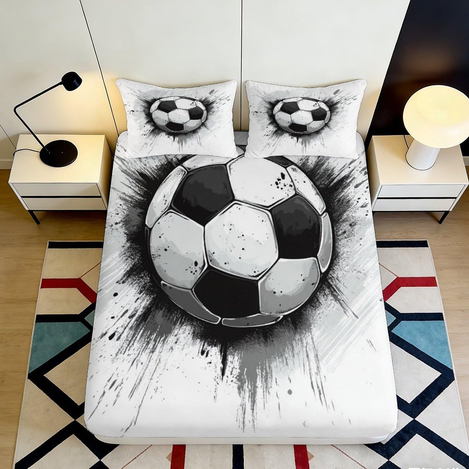 3D Printed Soccer Ball Fitted Sheet Microfiber Soft Breathable Football Splash Bed Cover for Bedroom Guestroom Decor 90x200x25cm