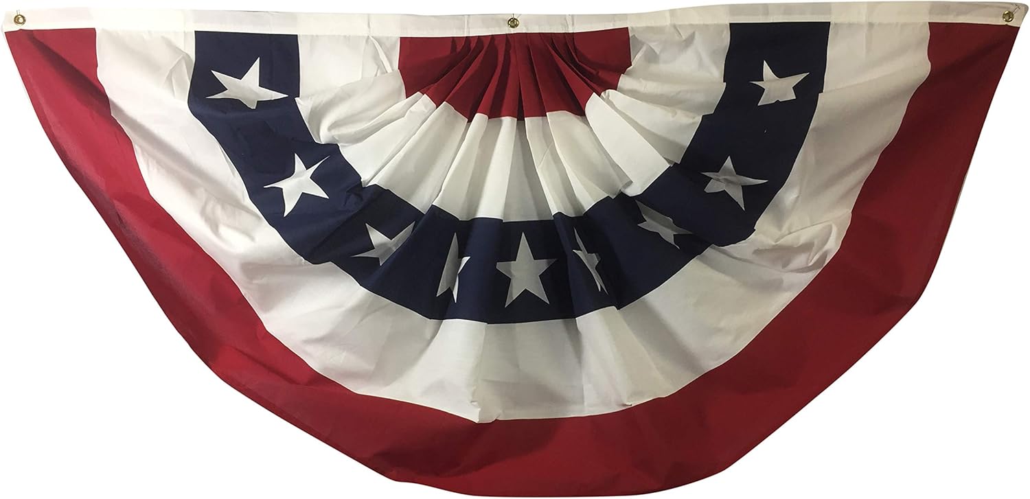 Gettysburg Flag Works 1.5x3' Patriotic Red White Blue Pleated Fan Decorative Bunting, Printed Poly-Cotton, 5 Stripes with Stars, for Outdoor Decoration Use, Window Size, Made in USA