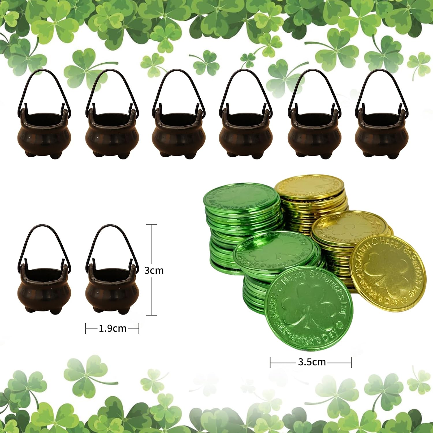 8 Pcs Mini Leprechaun Pot 50 Shamrock Plastic Coins St Patricks Day Decorations,St Patrick's Day Tiny Leprechaun Pot of Gold Bucket,Small Black Pots,Leprechaun Trap Supplies image 2