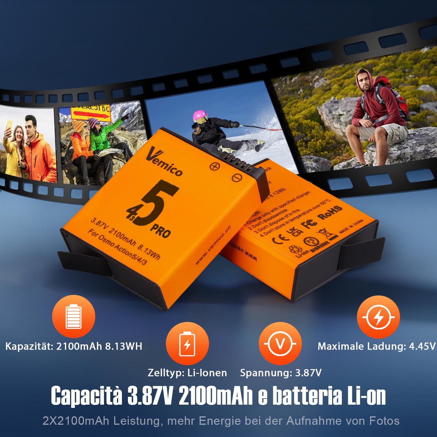 Vemico OSMO Action 6 Akku Ladegerät Set 2X 2100mAh Ersatzakku