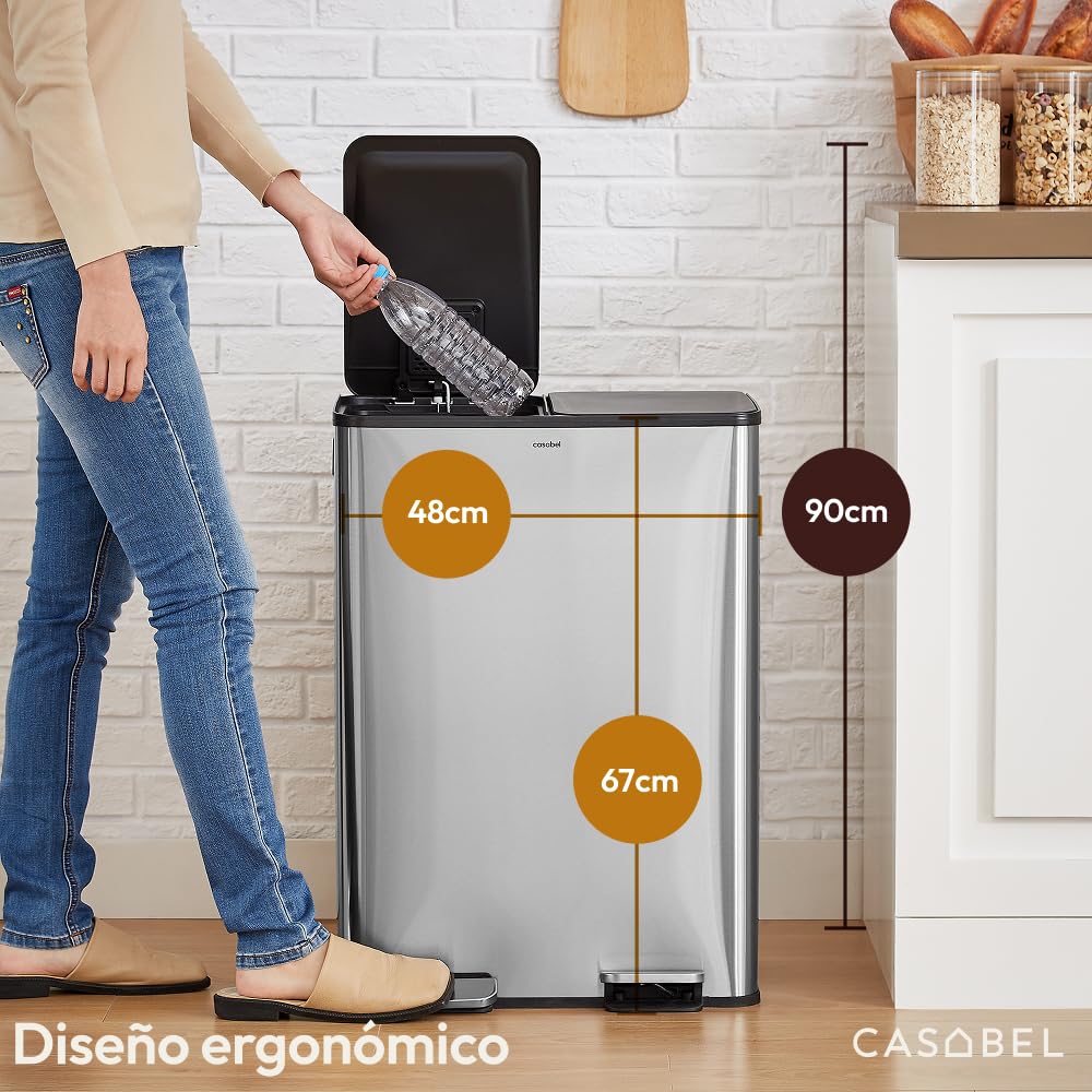 CASABEL Cubo de basura de cocina doble 2x30L en acero inoxidable, cromado | Doble compartimento, Reciclaje selectivo, 2 pedales, Antihuellas, Tapas herméticas, Cubos extraíbles, Fácil mantenimiento
