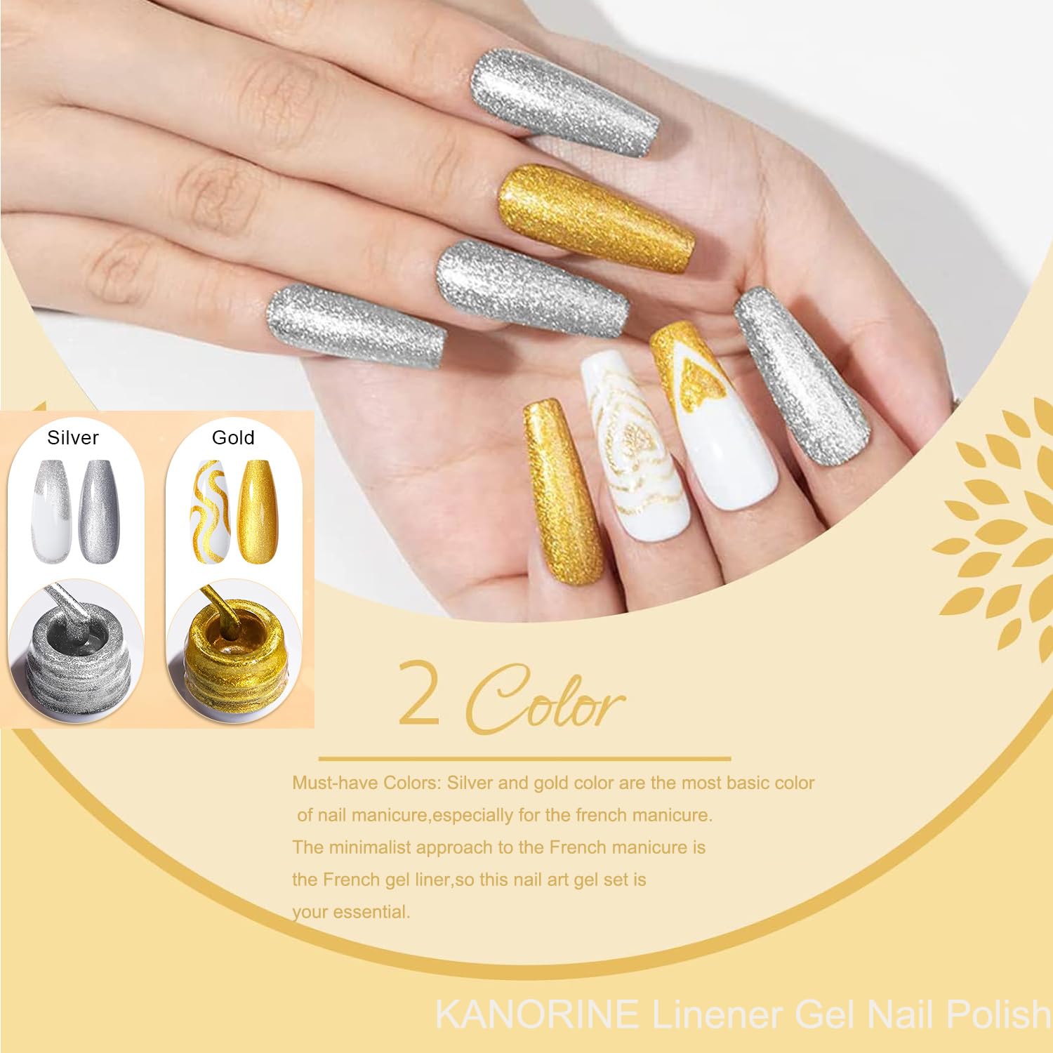 KANORINE Liner Nail Gel Polish Gold & Silver Glitter Gel Nail Polish for Fineliner Nail Art French Manicure Nail Polish - Image 2