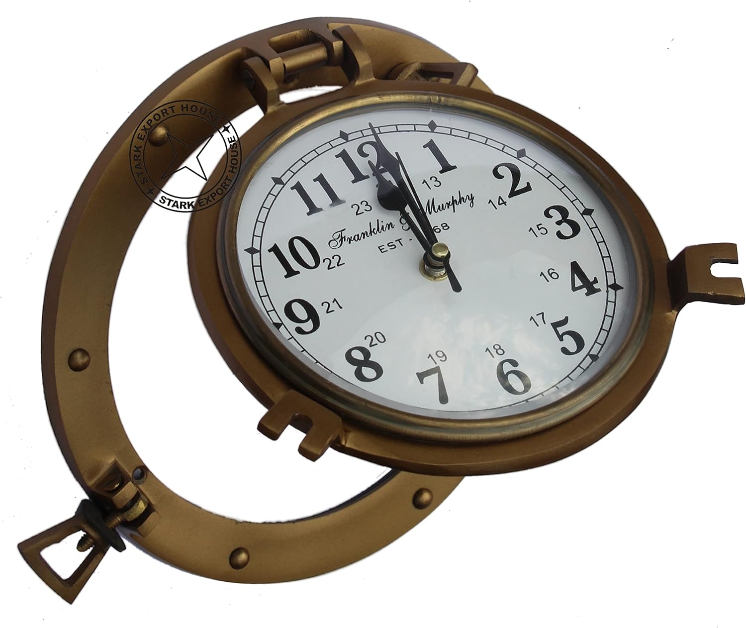 9 inch Antique Brass Nautical Porthole Clock with Franklin Murphy's Analog Beautiful Clock Face Maritime Decor Antique Brass Best for Gift Home Office College Marriage Anniversary HCE