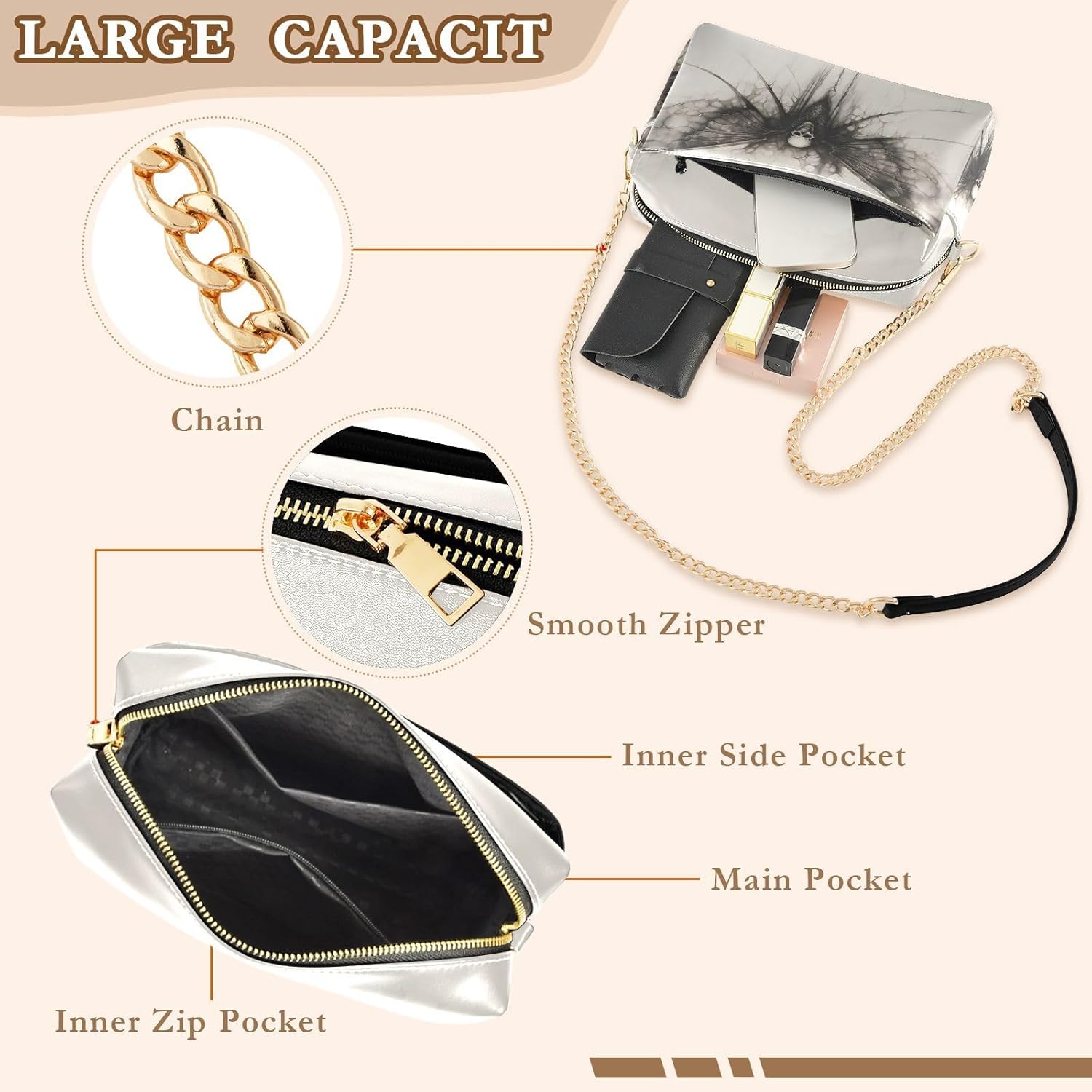 Women Crossbody Bag Shoulder Handbag Cellphone Purse PU Leather Metal Chain Strap Water Resistant Zipper Closure Surreal Skull with Wings Print