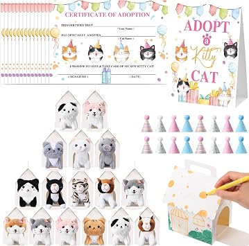 Cinnvoice 65 Pcs Cat Party Favors Stuffed Kitty Birthday Set,House,White
