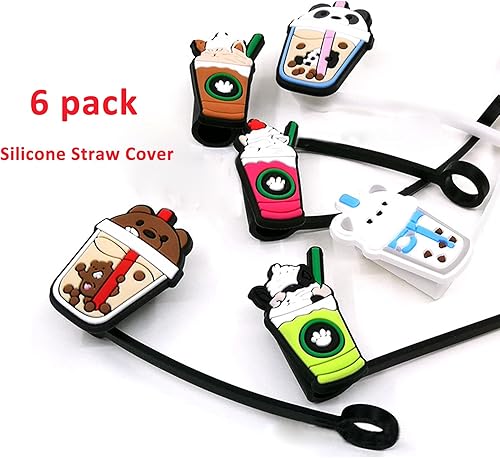 Miniatura 3 de 6 fundas de silicona para popotes, reutilizables a prueba de salpicaduras, tapones con patrón de dibujos animados, accesorios para popote de 0.315 a