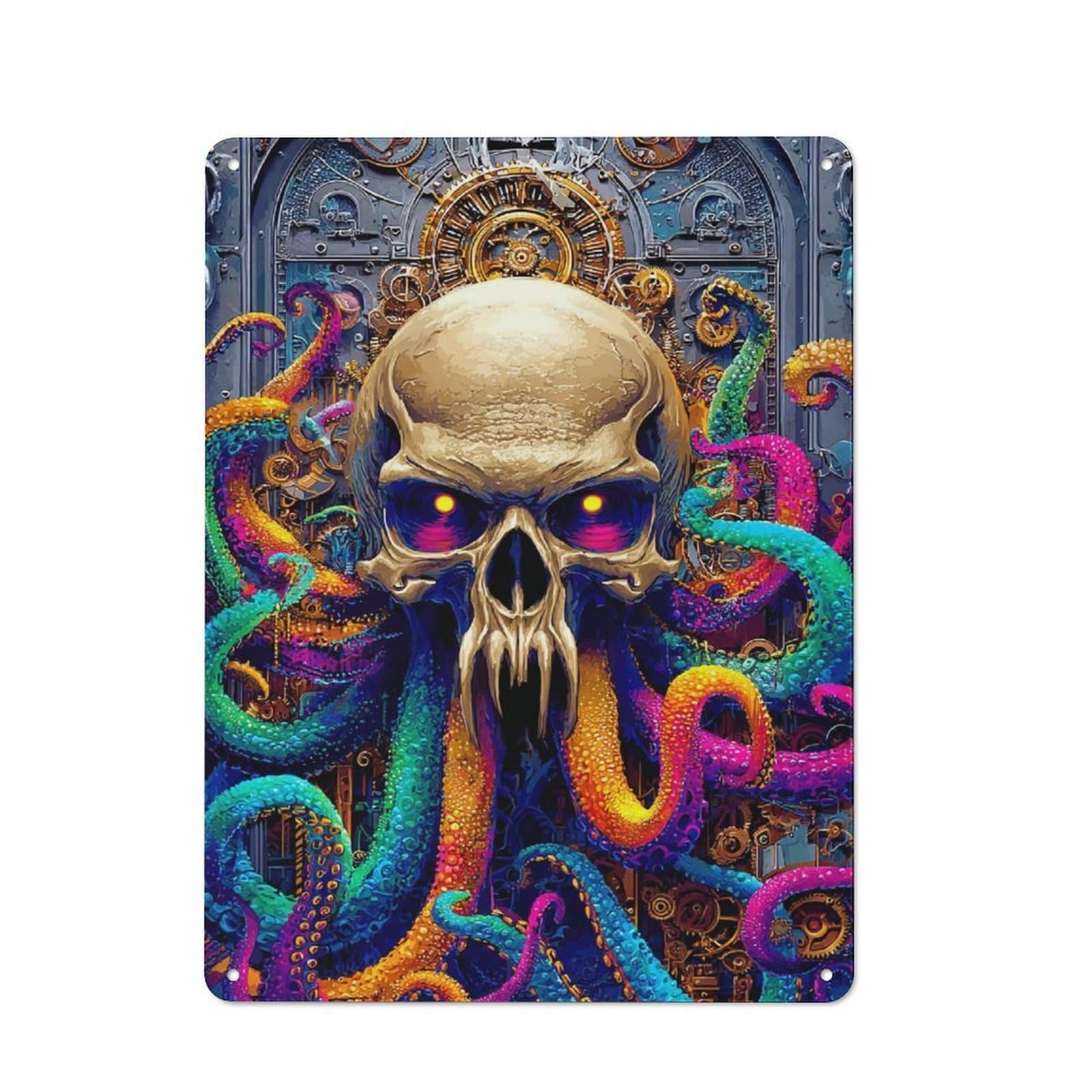Junmoney Steampunk Skull With Tentacles Retro Tin Sign 40X30cm For Lounge Or Reading Corner, For Home Wall Decor Collectors