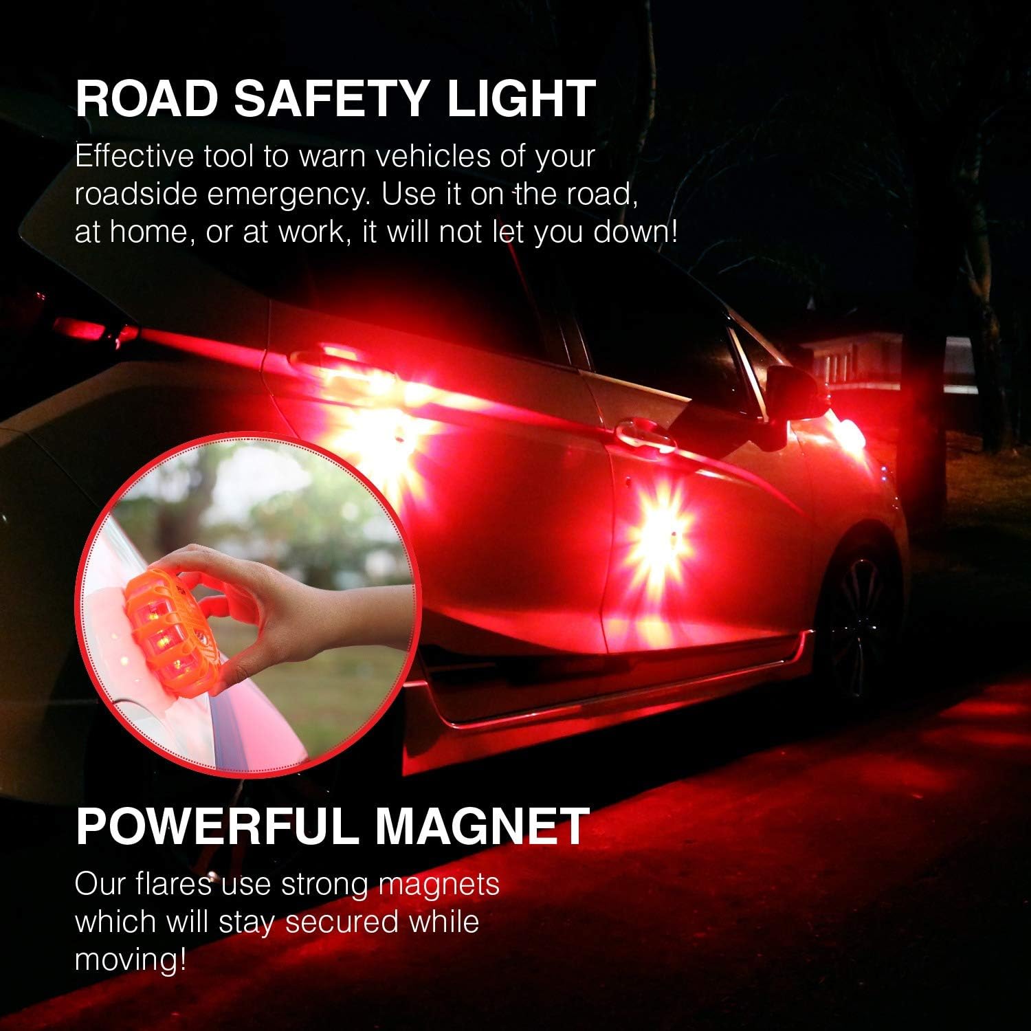 PeakPlus Road Flares Emergency Lights For Vehicles (3 Pack) RV Accessories For Outside, Roadside Emergency Car Kit, Truck Driver Accessories, Safety Beacon Discs with Window Breaker Seat Belt Cutter