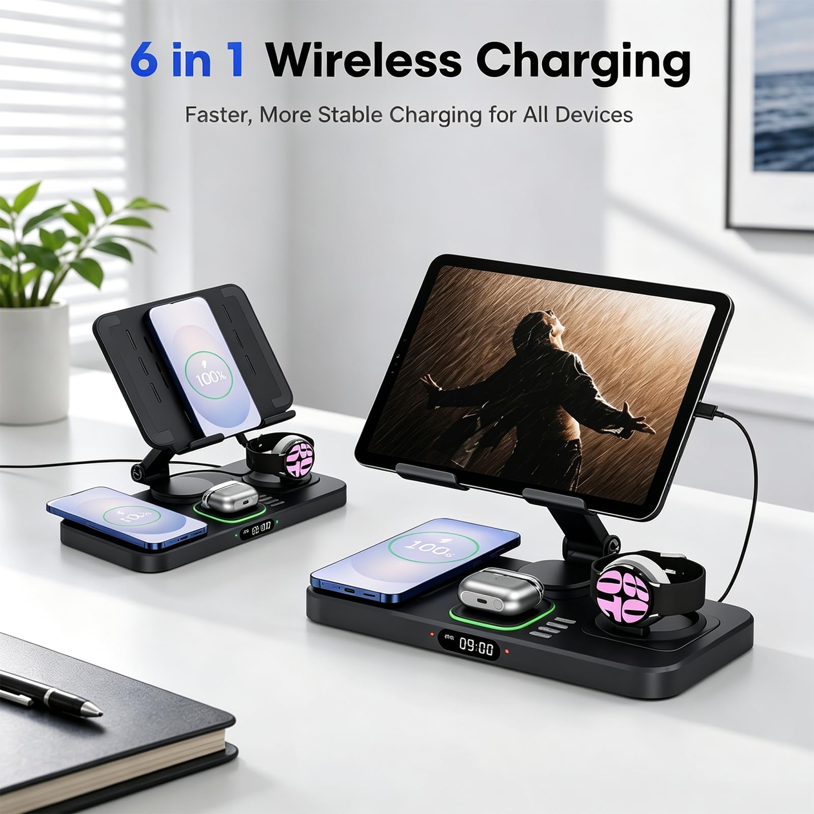 Chargeur sans fil 6 en 1 pour plusieurs appareils Samsung, station de charge avec horloge, support rotatif pliable pour iPad, S26/S25 Ultra/Z Fold 7 et Buds, uniquement pour Galaxy Watch (noir)