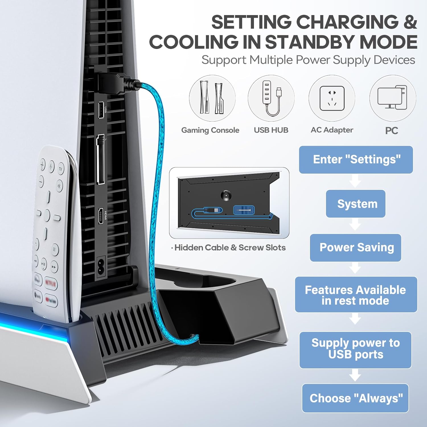 Soporte para PS5/Pro/Slim y Refrigeración para PS 5 Disc & Digital, Cargador para PS5 & Edge Mando, Ventilador Automático PlayStation 5 de 3 Velociadades 3 USB HUB 7