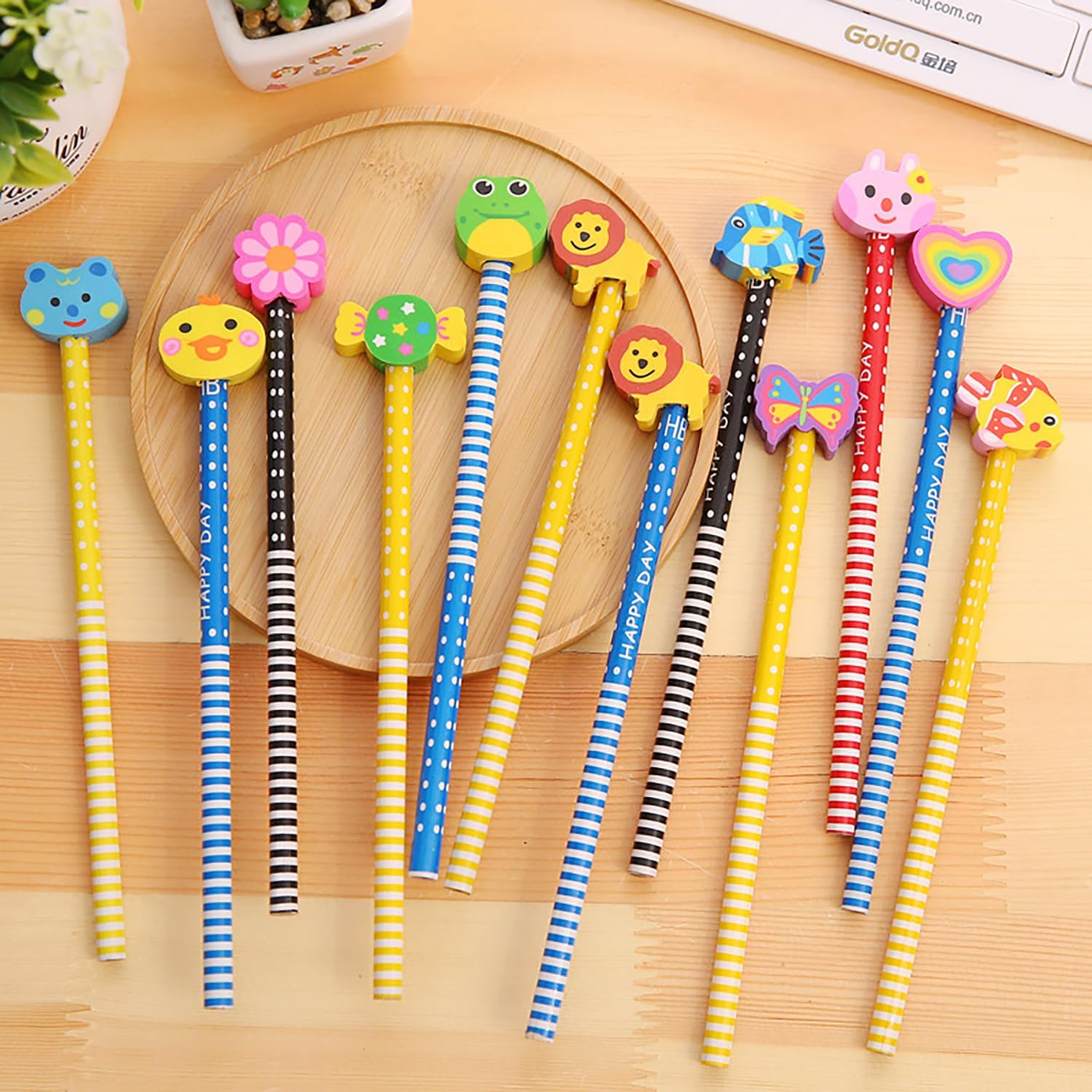 12Pcs Pencils Assorted Cartoon Stripe Colored Wooden Pencils for Supplies Prize Gift (animal fruits, 12)