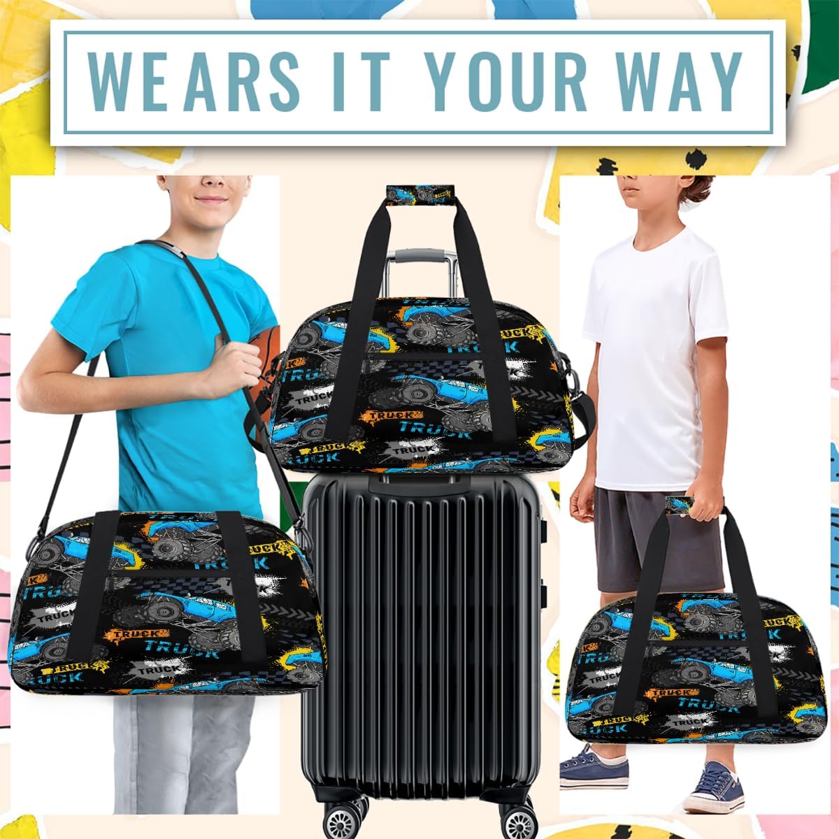Kids Travel Duffle Bag - Large Sports Gym Bags Duffel Tote for Boys Girls Carry On Weekender Overnight Sleepover Bag(Off-Road Trucks)