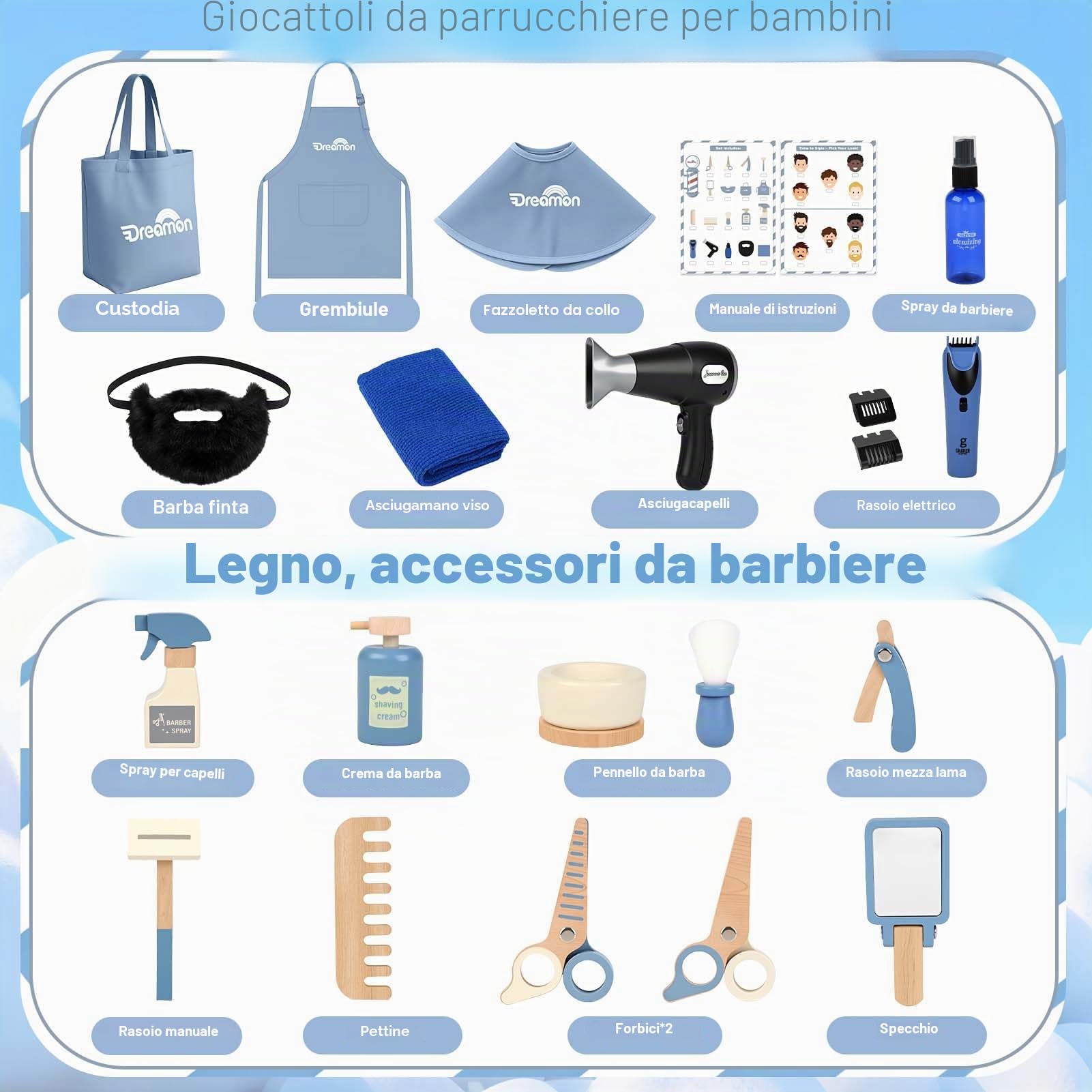 Dreamon Barber Shop per Bambini di Legno, Set da Parrucchiere di legno per Bambini con Asciugacapelli Rasoio Barba Finta Grembiule e Borsa Portaoggetti Regalo per 3 4 5 6 7 Anni