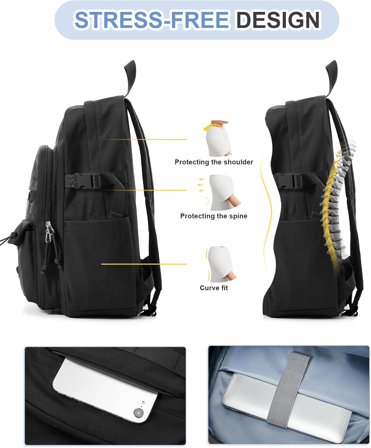 Aesthetic Black School Backpack for Women Men College Backpack With Lots Of Pockets Waterproof Travel Casual Daypack Cute Bookbag For Teens Girls Boys High School Bag image 5