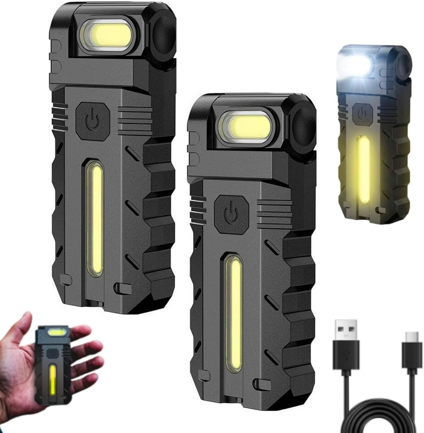 Swivial LED Flashlight, 180° Rotating Magnetic EDC Light, 1200 Lumens Rechargeable, Type-C Fast Charge, Dual-Light Source Clip-On Tool for Emergency, Walk Dog, Working, Hiking, Camping (Black 2 Pcs)