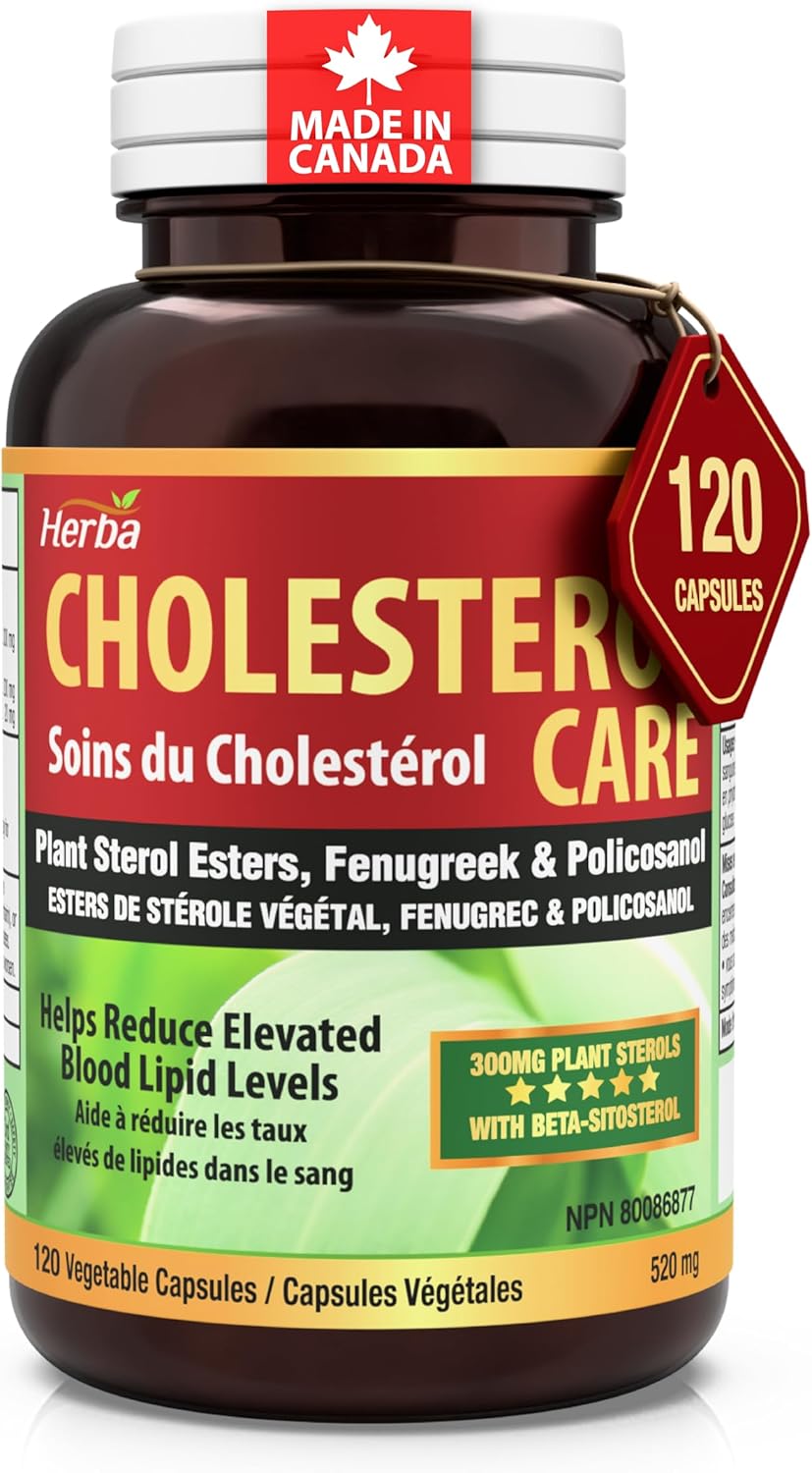 Herba Cholesterol Care – 120 Capsules | Cholesterol Lowering Supplement with Plant Sterols, Fenugreek, and Policosanol 20mg | Cholesterol Supplement to Lower and Promote Healthy Blood Lipid Levels | Made in Canada Herba Cholesterol Care – 120 Capsules | Cholesterol Lowering Supplement with Plant Sterols, Fenugreek, and Policosanol 20mg | Cholesterol Supplement to Lower and Promote Healthy Blood Lipid Levels | Made in Canada