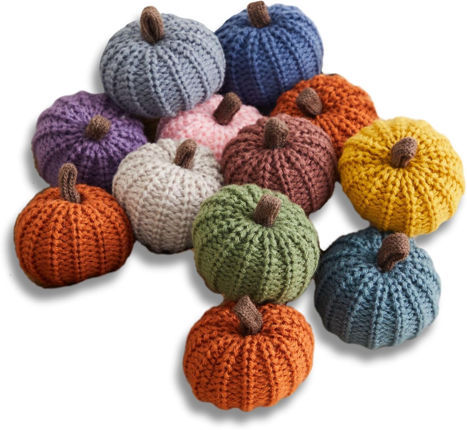 Mini knit pumpkins set of 12 warm pumpkin colors for bowl fillers, shelf décor accent, table setting for autumn entertaining, hostess gift everyday, fall wedding centerpiece (Mini Assorted Set 12)
