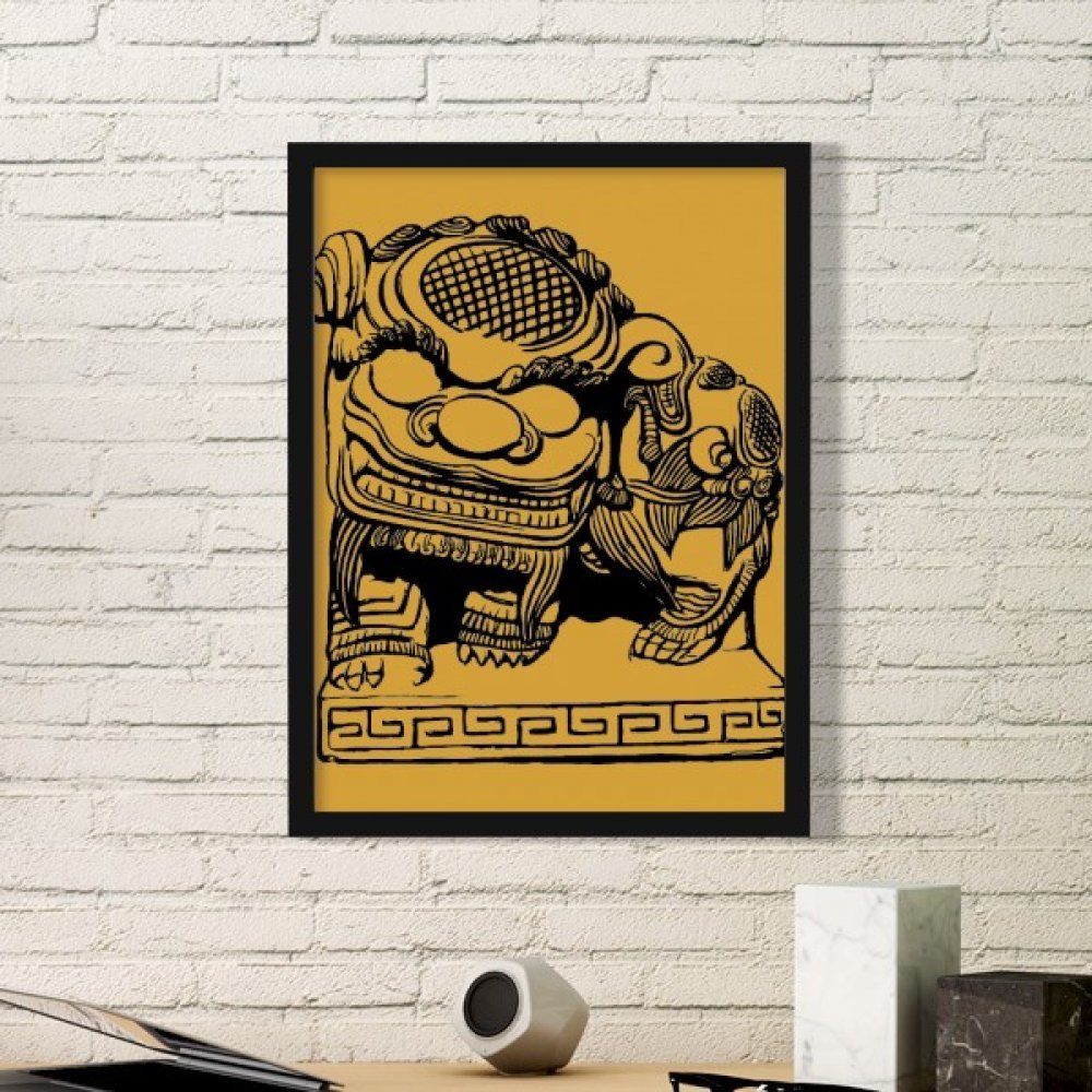 Cadre photo art chinois peinture lion en bois noir idée cadeau idéale