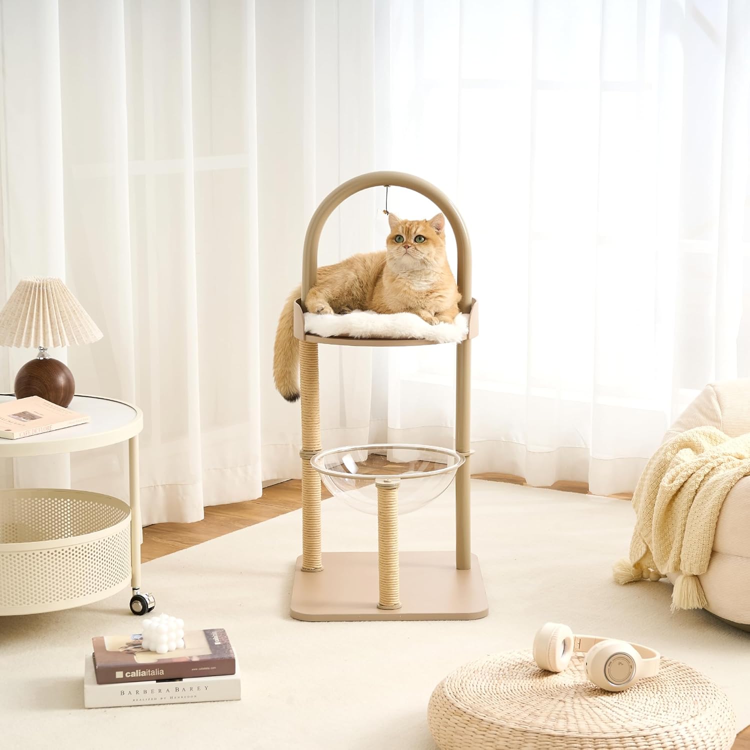 Modern Cat Tree, Wood Cat Tower with Steel Frame, Scratching Posts, Cat Capsule, Plush Mat, Bell Dangling Toy, Aesthetic Minimalist Heavy-Duty Cat Climbing Tree for Large Indoor Adult Cats-Khaki