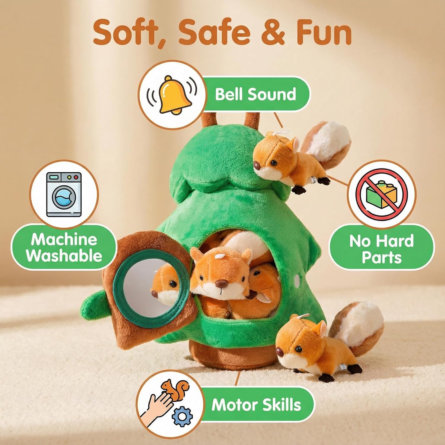 Squirrel Tree Baby Sensory Toy for 6-12 Months, Montessori Plush Hide and Seek Toy for Toddlers 1-3, Infant Developmental Stuffed Animal Playset with 5 Squirrels, Newborn Gift for Boys Girls