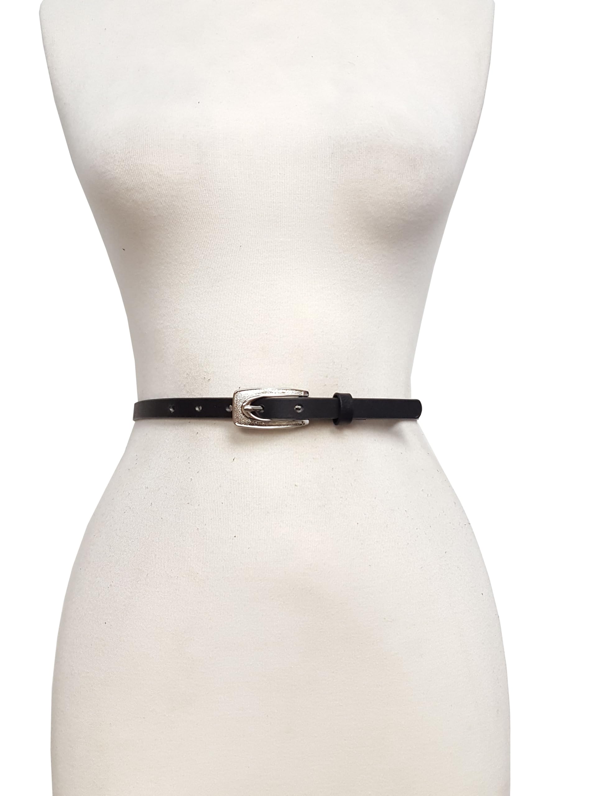 AXESORIA: Genuine Leather Skinny Belt w. Classic Silver Buckle Black S/M