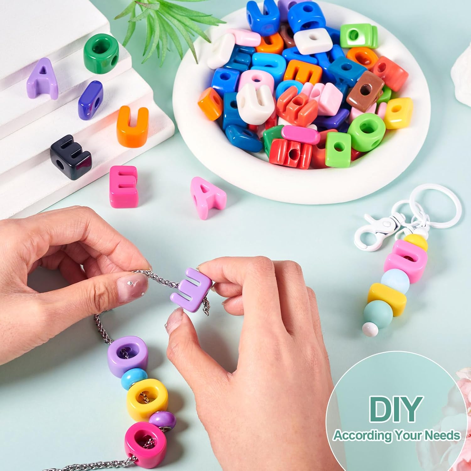 FASHEWELRY 50Pcs Large Acrylic Slide Letter Beads Candy Color Vowel Alphabet Beads 3D Initial Slider Beads with Horizontal Hole for Wristbands Bracelets Necklace Choker Jewelry Making