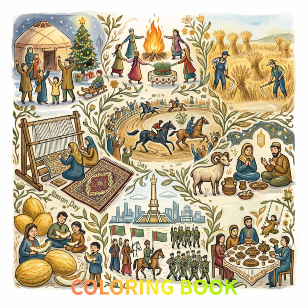Beautifully hand-drawn coloring book that celebrates the unique traditions and vibrant spirit of the festivals of Turkmenistan: A Cultural Coloring ... and National Celebrations for Kids and Adults