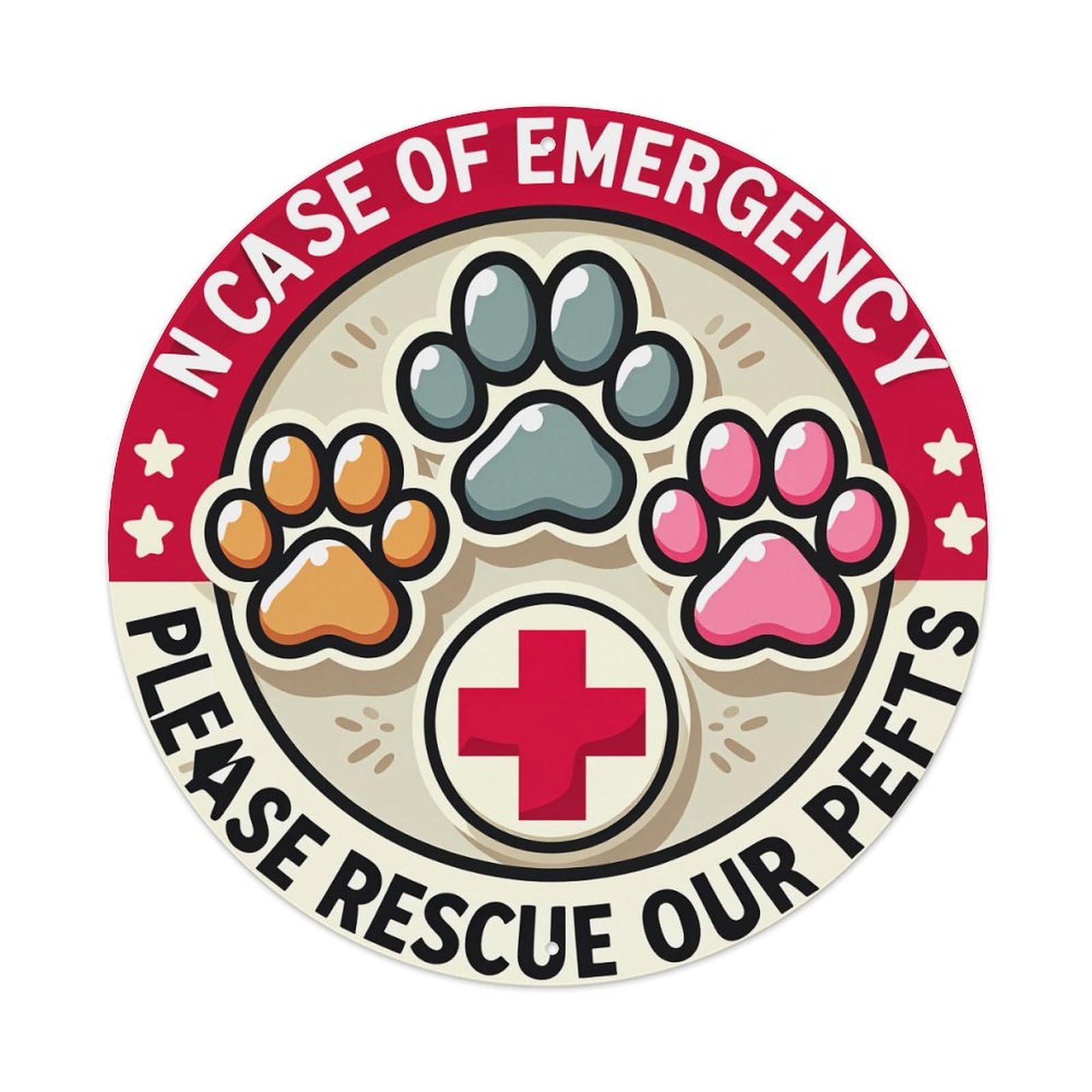 Paw Prints And Red Cross Round Tin Sign Retro Metal Sign for Cafe Bar Pub Home Game Room Gym Club Wall Decoration Vintage Metal Poster 8x8 Inch