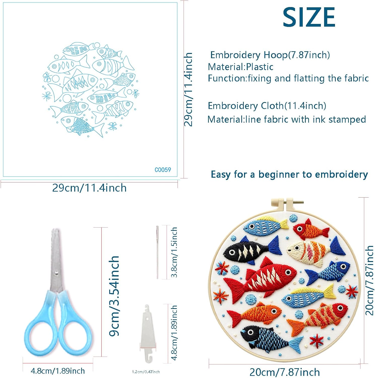 Zhenqing Colorful Fish Embroidery Kit for Beginners, Ocean Fish Needlework Craft, Pre-Printed Cotton Fabric with Hoop, Threads & Tools, 29x29cm (C0059)