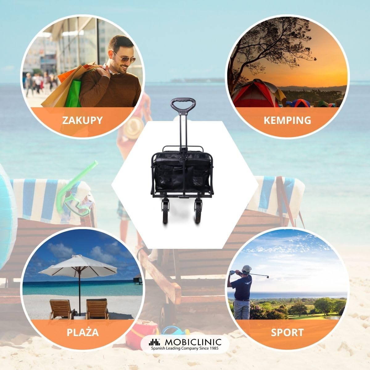 Mobiclinic®, Składany wózek transportowy, Na plażę i do ogrodu, Duna pro, Regulowana rączka, 360º terenowe koł, Nośność 100 kg, 85x54, 5x58, 5cm, Wodoodporny, Stal, Pcv, Czarny