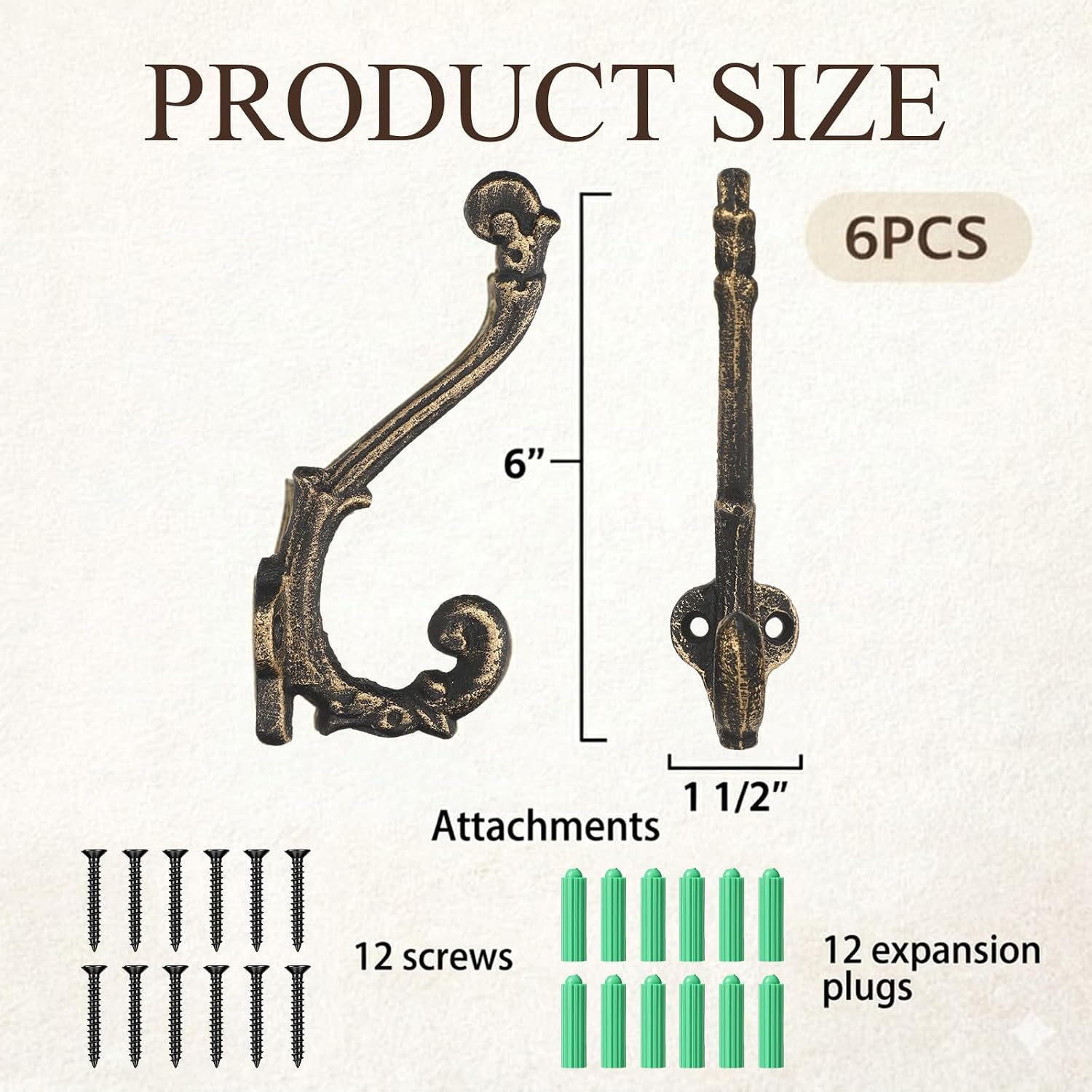 Chumia 6 Pack Rustic Cast Iron Wall Hooks Antique Brass Vintage Coat Hooks Heavy Duty Rustic Wall Mount Hook 35 Lbs Capacity Rust Resistant Farmhouse Hanger for Entryway Bathroom Indoor Outdoor
